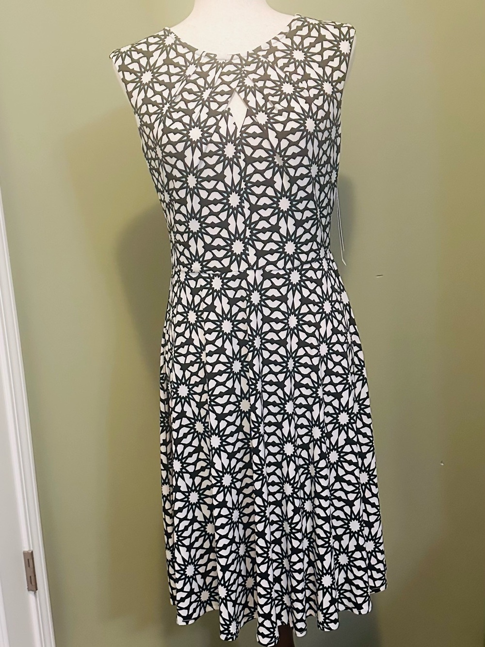 Sleeveless Black & White Geometric Midi Dress with Light Blue Accents